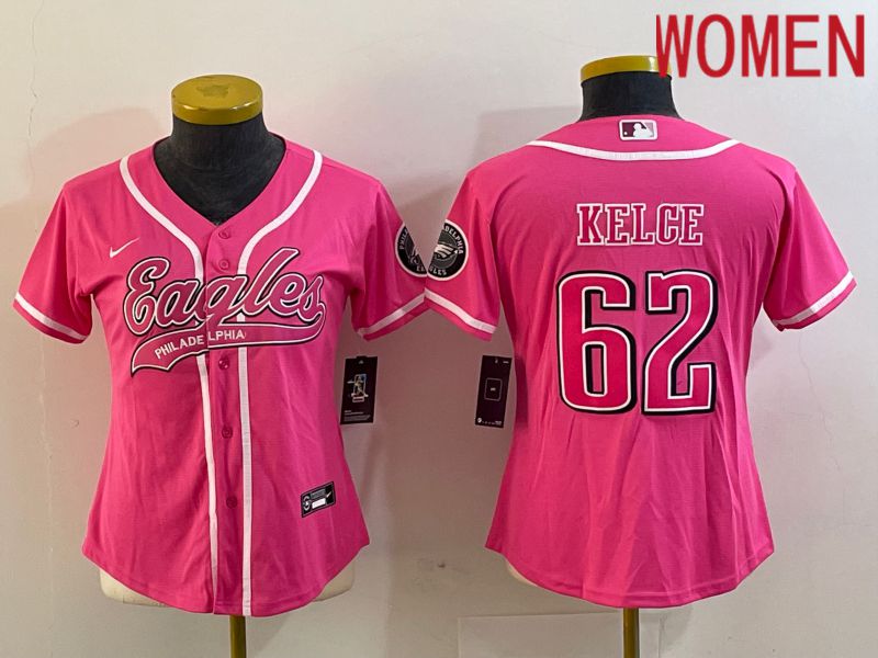 Women Philadelphia Eagles #62 Kelce Pink Nike 2023 Co Branding Game NFL Jersey style 1